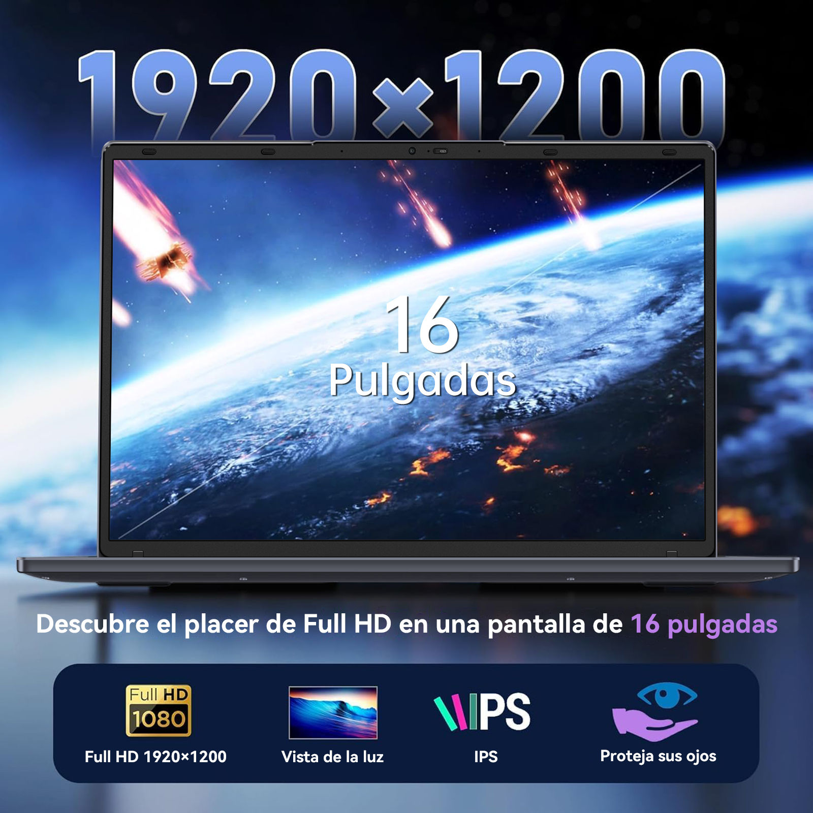 La pantalla de la laptop muestra una galaxia con información de pantalla de 16 pulgadas y resolución Full HD 1080x1200.