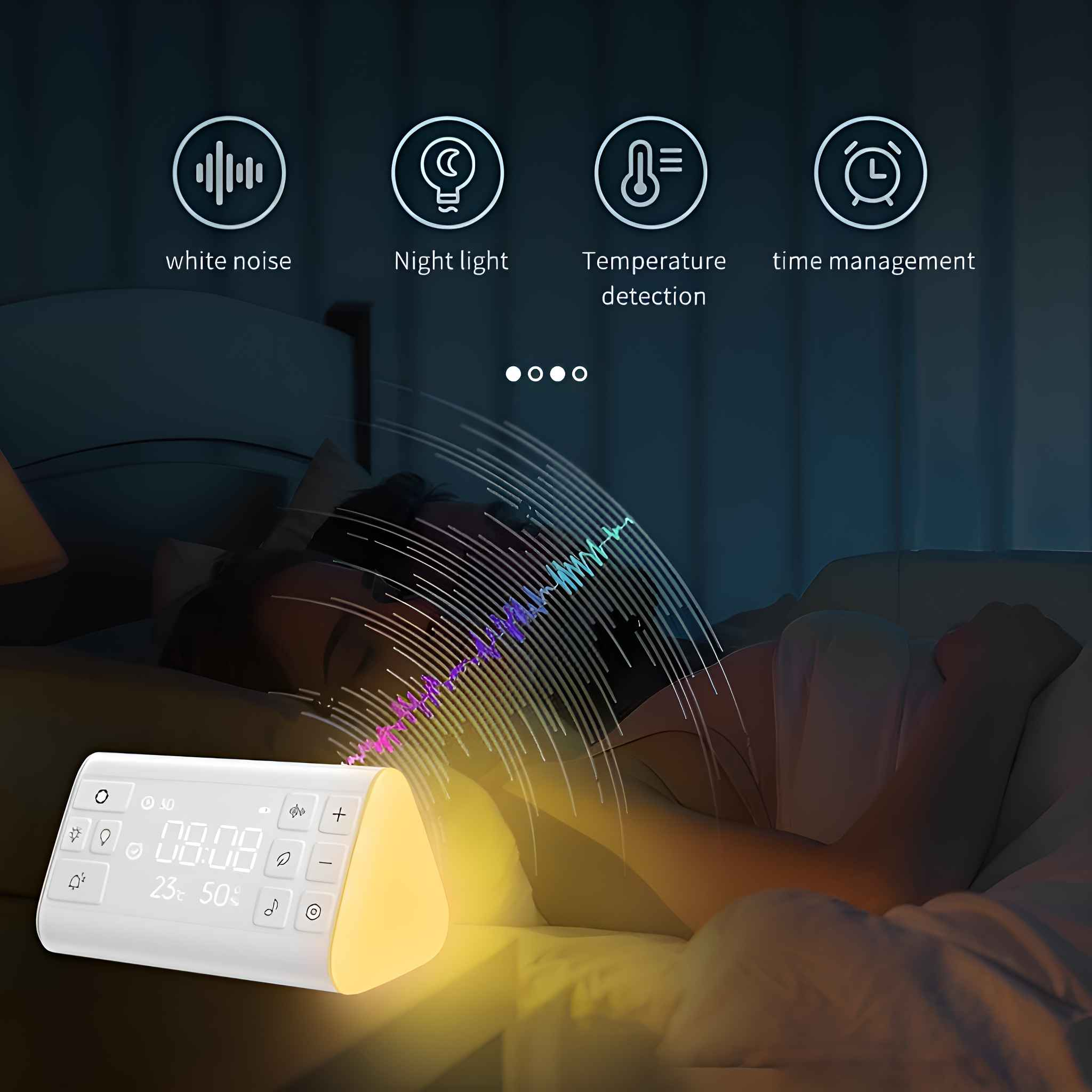 Person im Bett mit Lichteffekten von einem weißen Wecker, mit angezeigter Zeit.