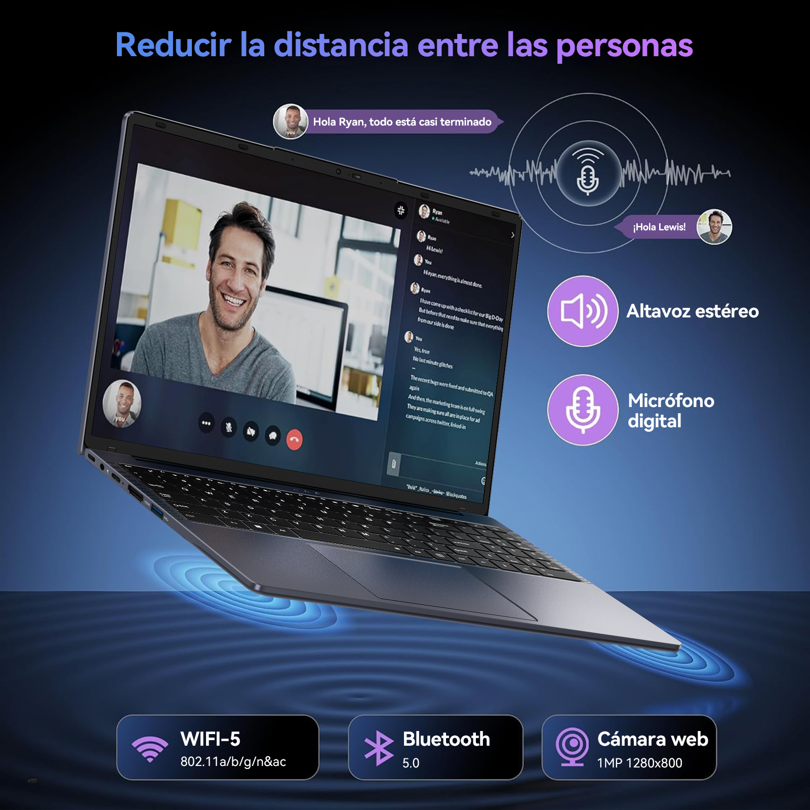 Laptop que muestra una interfaz de videollamada. La pantalla muestra una videollamada con múltiples participantes.