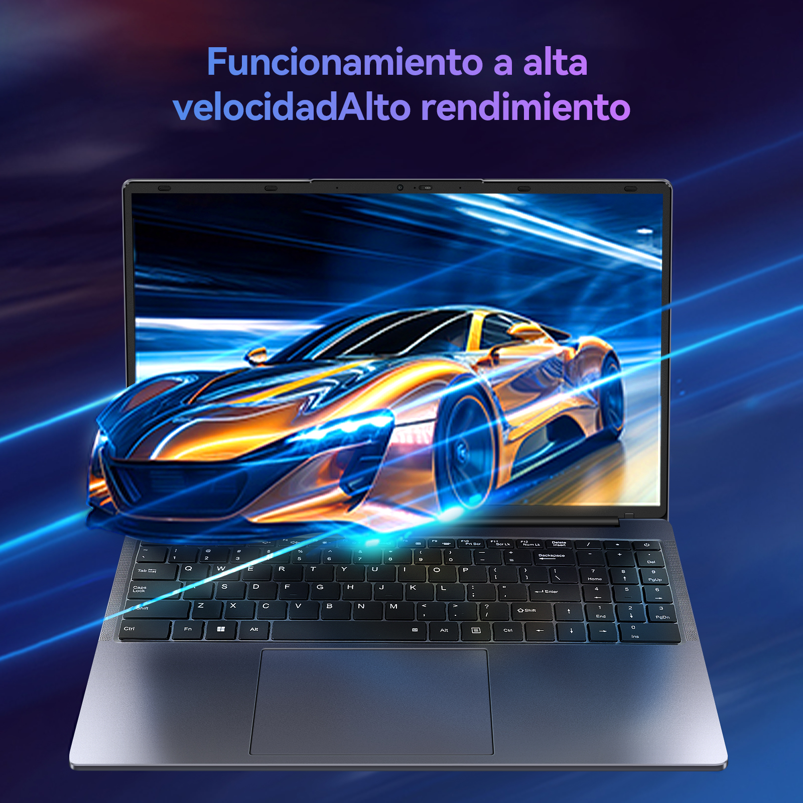 Ordenador portátil que muestra un juego de carreras de coches, con un fondo azul y morado.