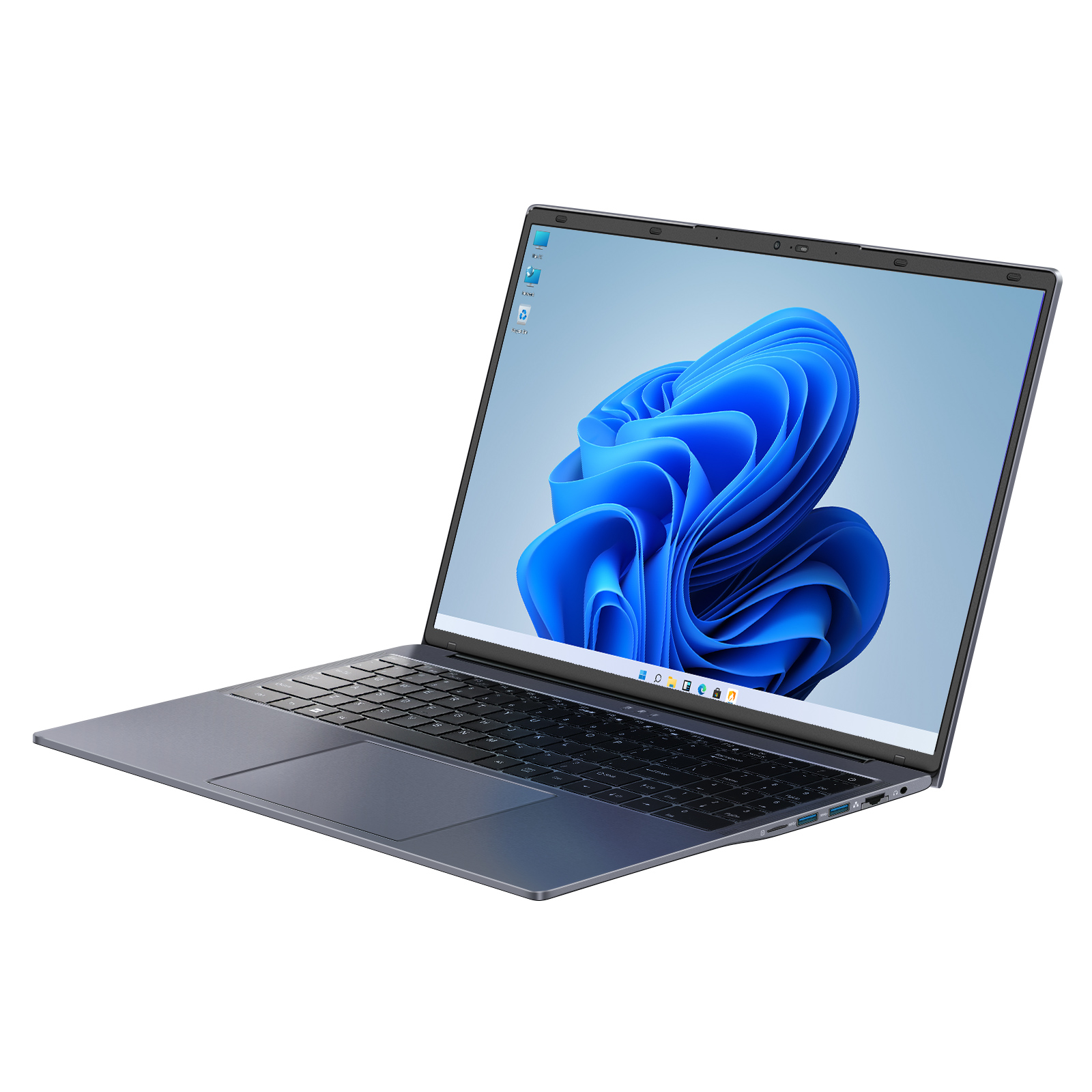 Ordenador portátil con un fondo de pantalla azul de Windows 11 sobre fondo blanco.