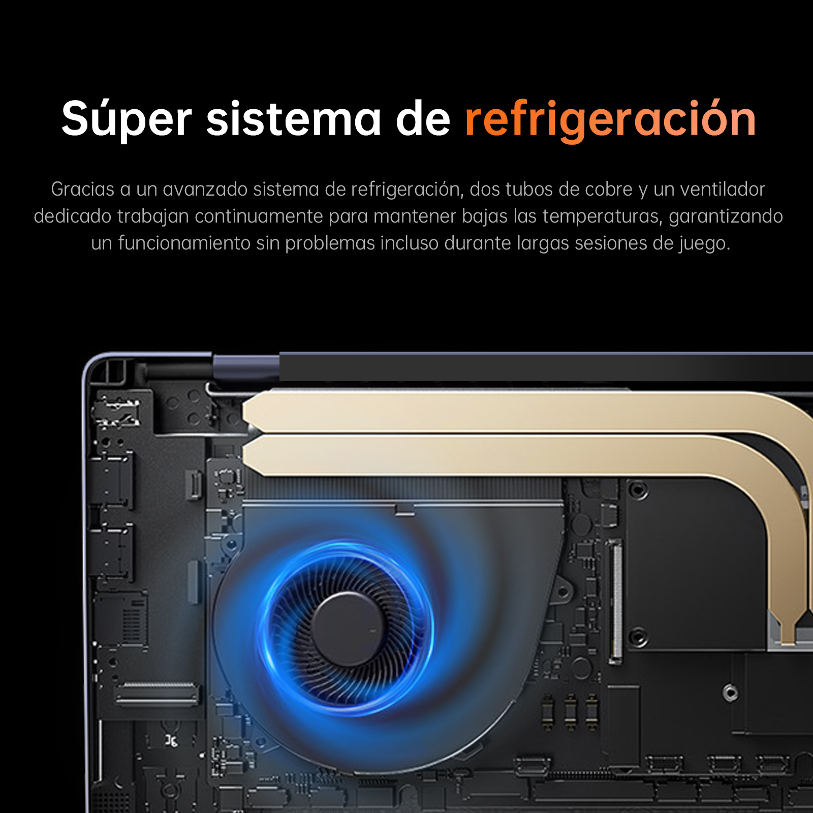 Vista interna de un portátil con ventilador y tubos de calor de cobre.