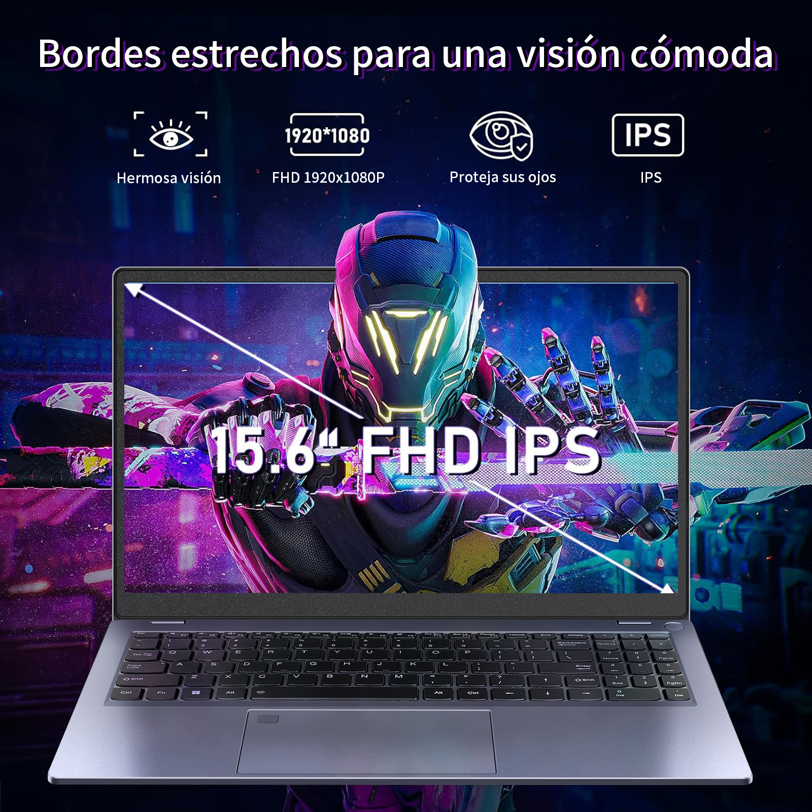 Portátil con pantalla que muestra un guerrero futurista. Características: 15,6" FHD IPS, biseles estrechos.