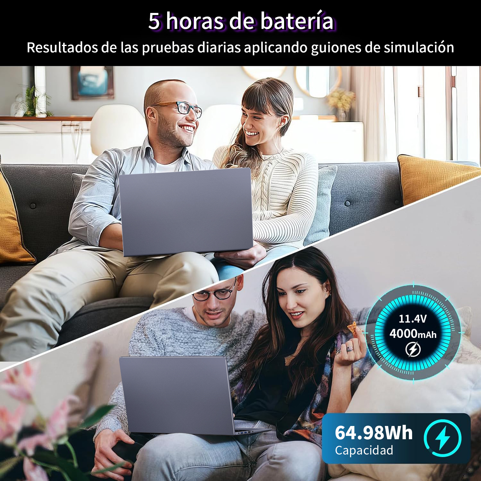 Dos personas usan portátil en sofá. Portátil muestra info de batería y 64,98Wh capacidad.