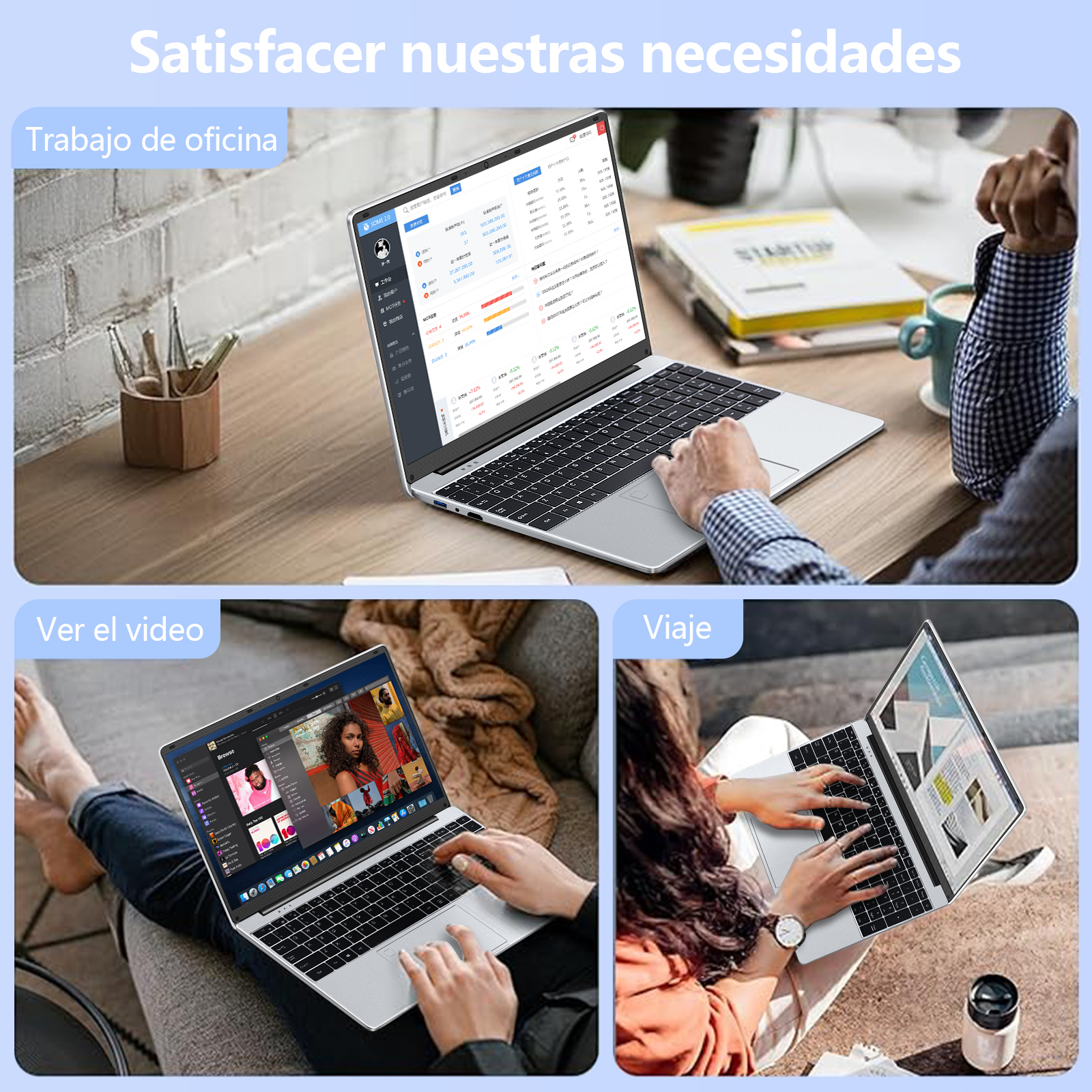 Escenarios de uso de portátiles: trabajo de oficina, ver vídeos y viajes. Se muestran tres portátiles diferentes.