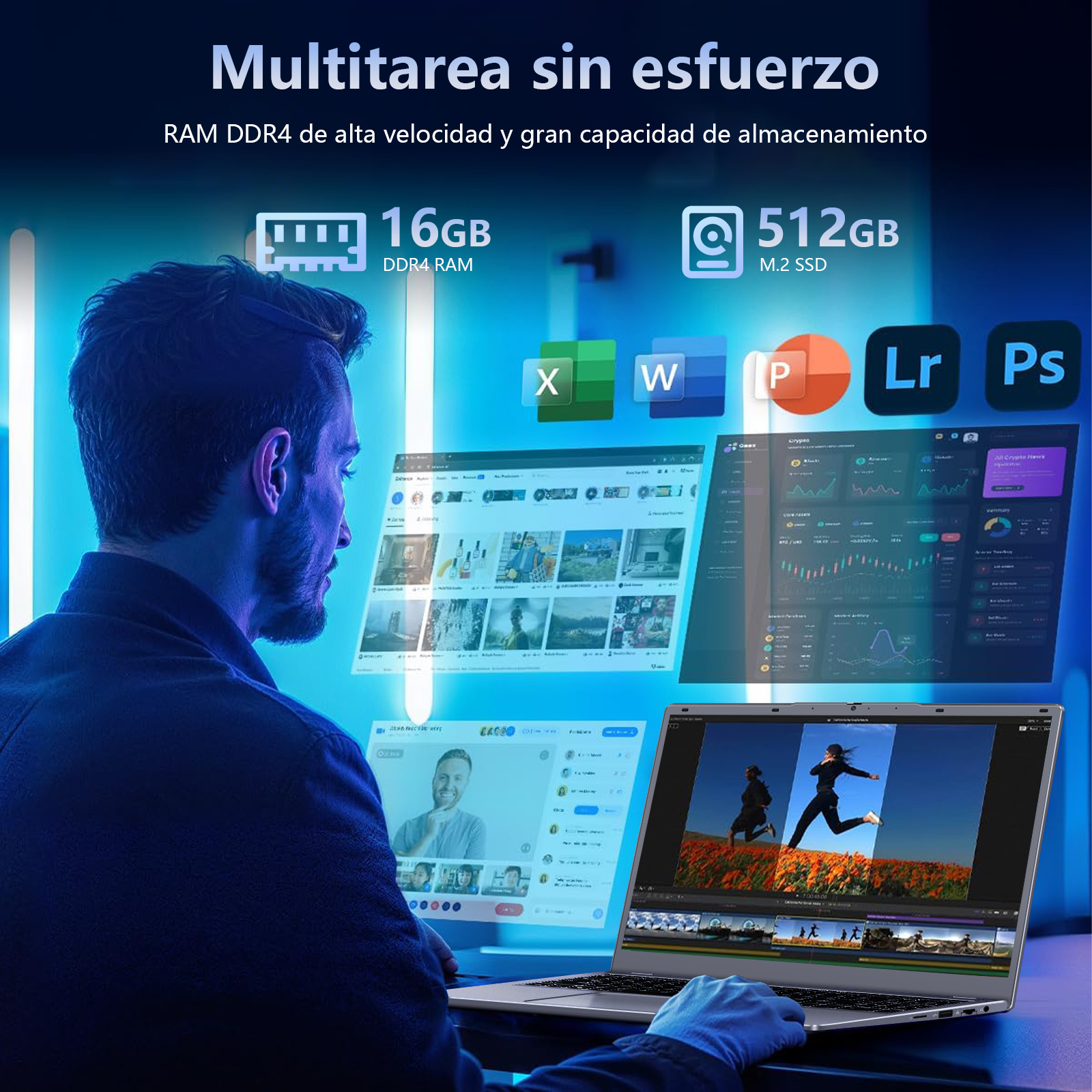 Hombre usando un portátil con múltiples ventanas abiertas. Se muestran las especificaciones de RAM y SSD. También son visibles iconos de software.