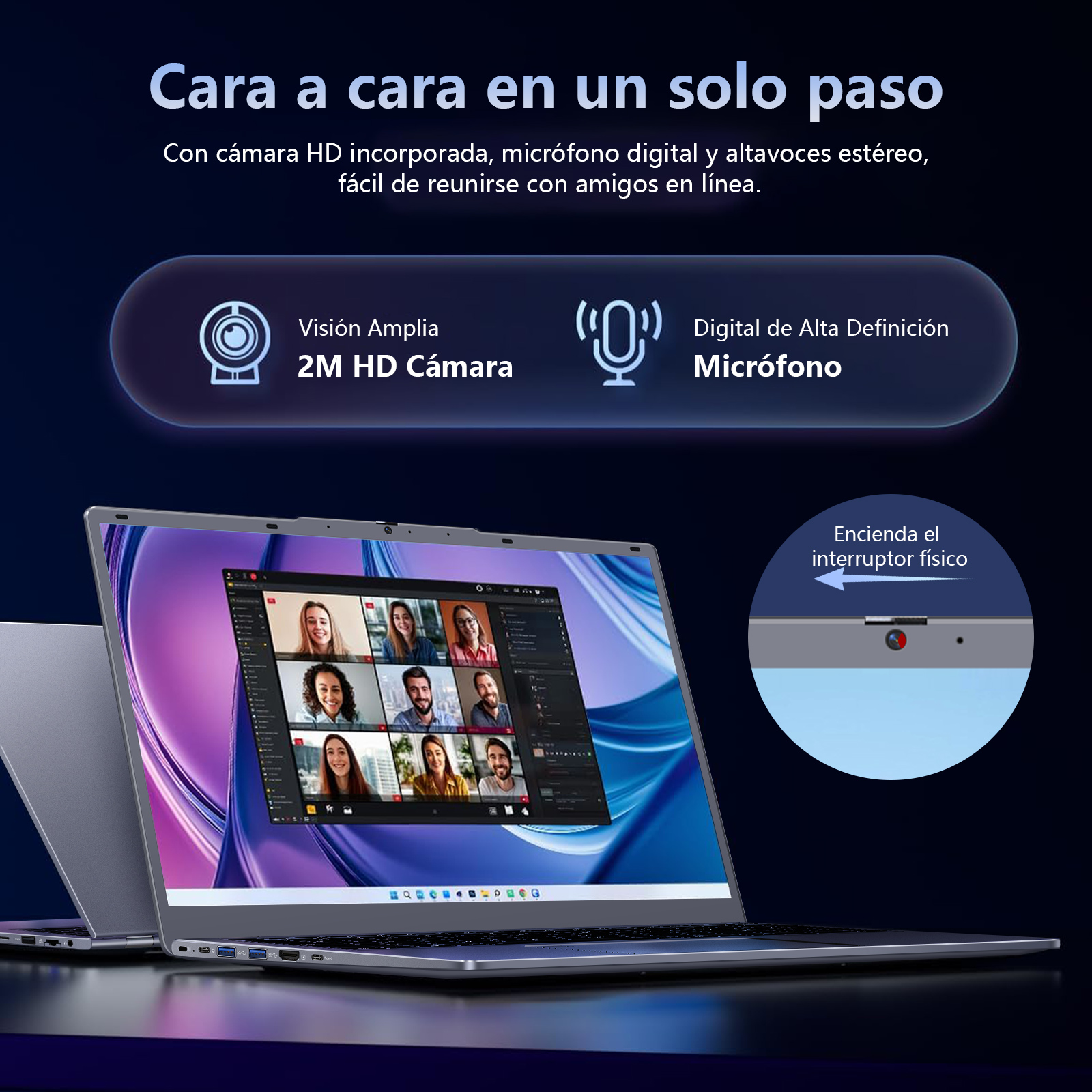 Portátil con pantalla de videollamada. Textos: Cámara 2M HD, Micrófono. Otro portátil a la izquierda.