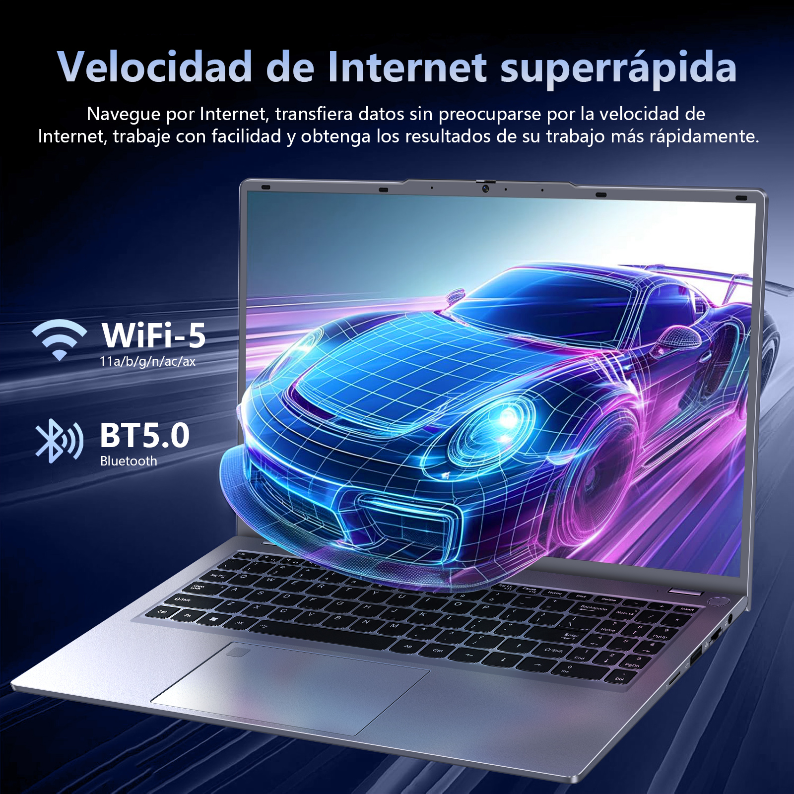 Portátil mostrando un coche en la pantalla. Textos: WiFi-5, BT5.0. Fondo borroso.