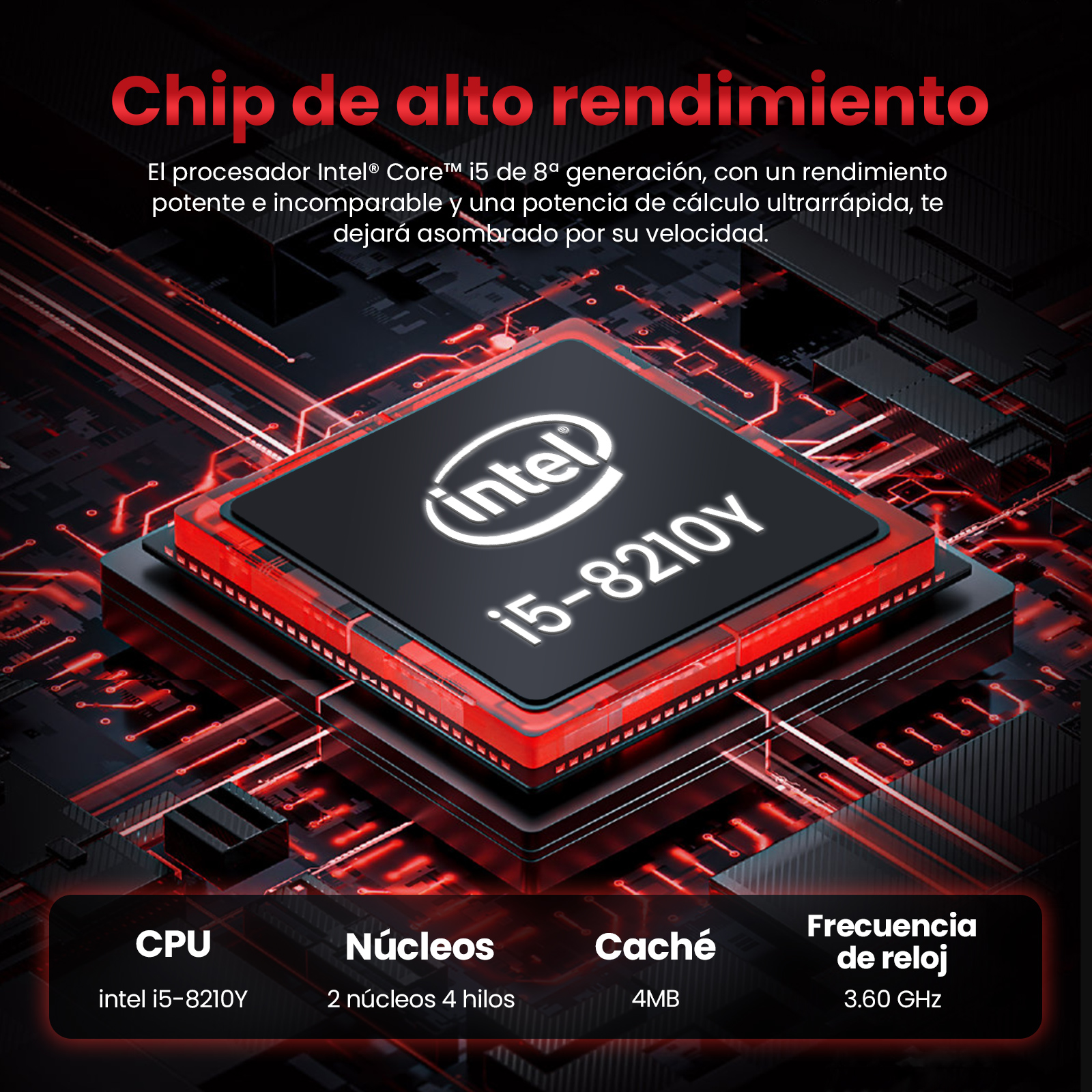 Primer plano de un chip de computadora con el procesador Intel i5-8210Y resaltado. Se muestran CPU, núcleos, caché y velocidad de reloj.