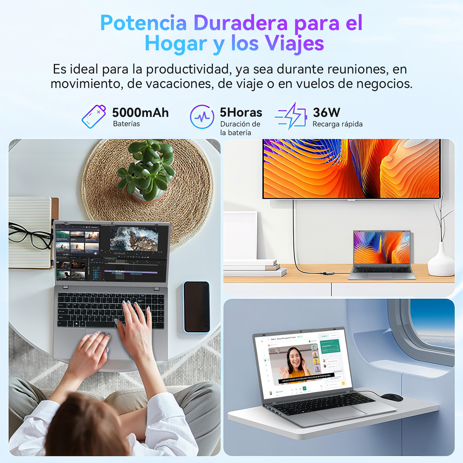 Un portátil usado en tres escenarios: en un escritorio, en una mesa y en un avión. El texto dice 'Potencia duradera'.