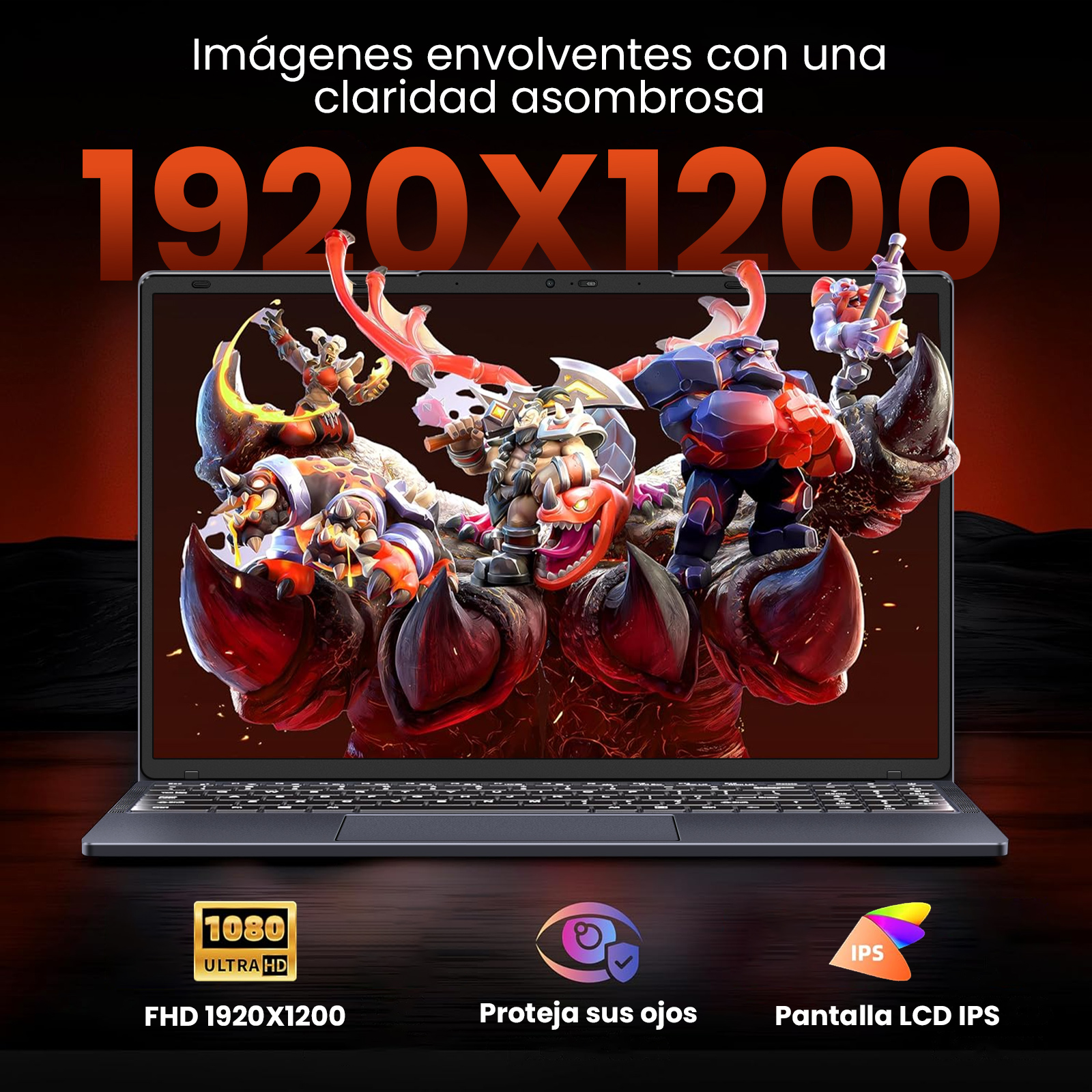 Pantalla de portátil mostrando una escena fantástica. Texto arriba dice: 'imágenes envolventes con una claridad asombrosa'.