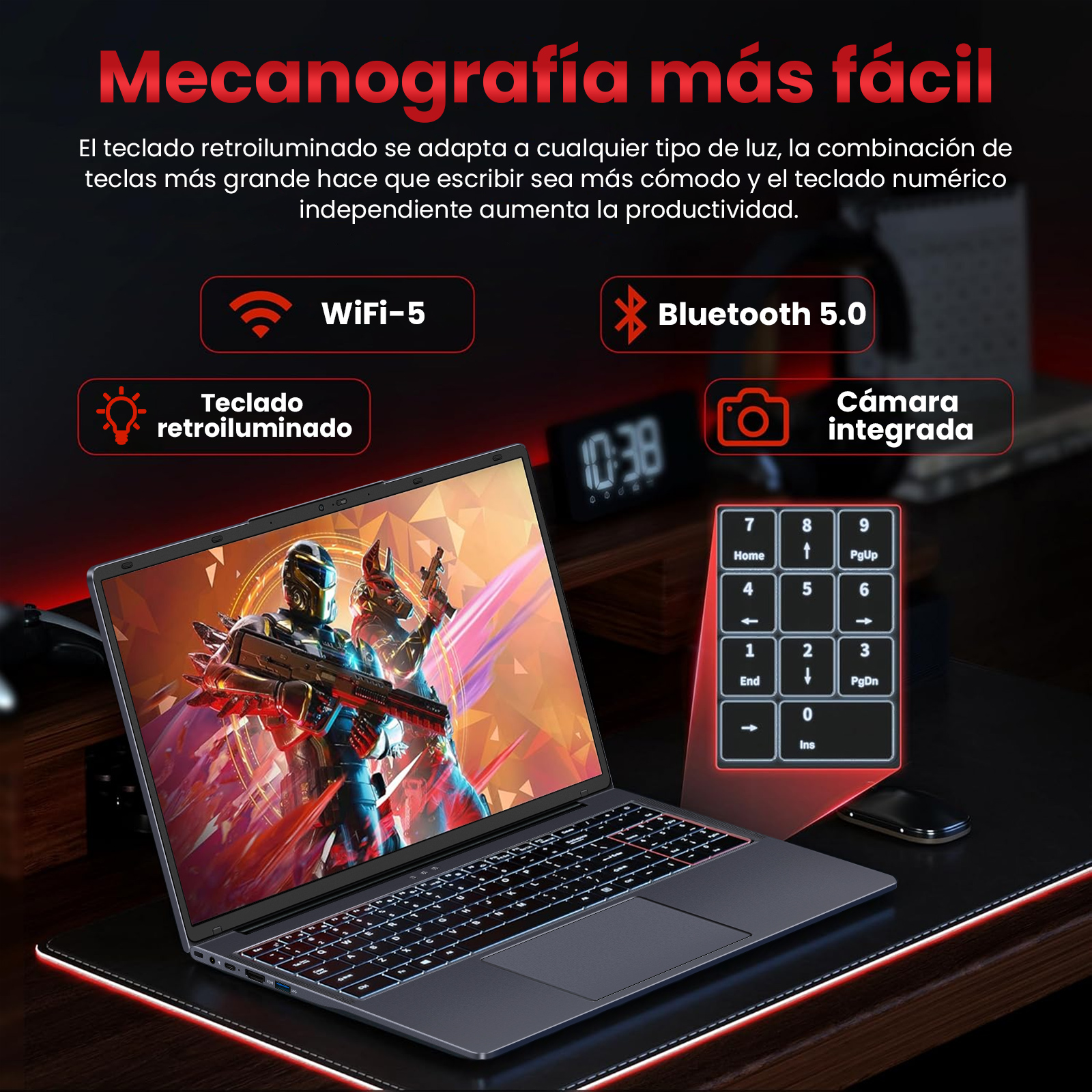 Portátil con teclado iluminado. La pantalla muestra un gráfico. WiFi-5, Bluetooth 5.0 y cámara integrada.