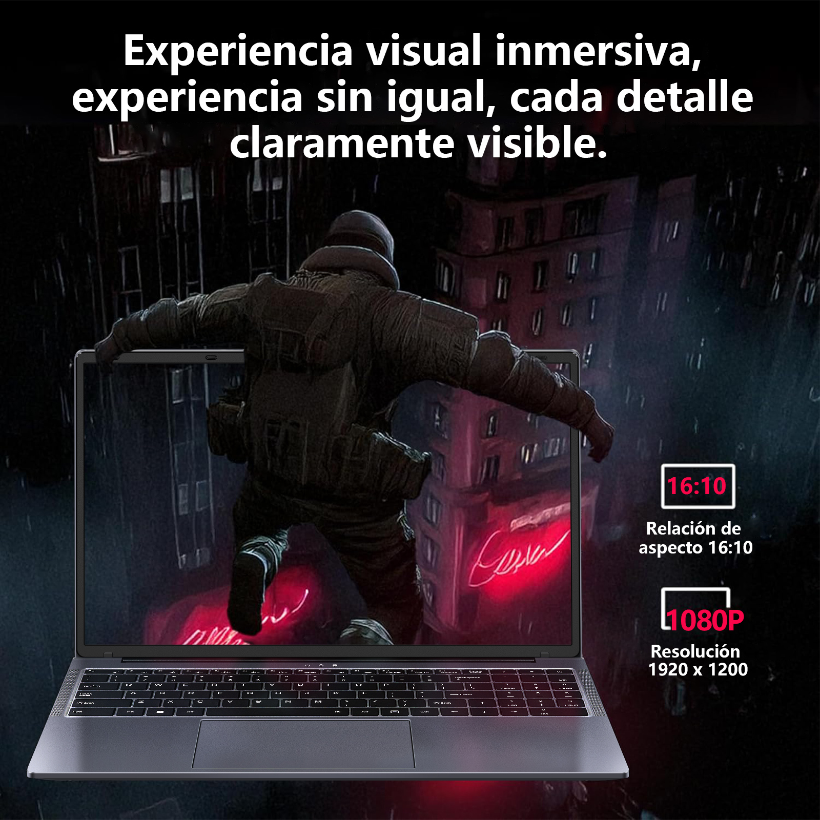 Pantalla de portátil mostrando una ciudad con una persona. El texto dice: 'Experiencia visual inmersiva, claramente visible'.