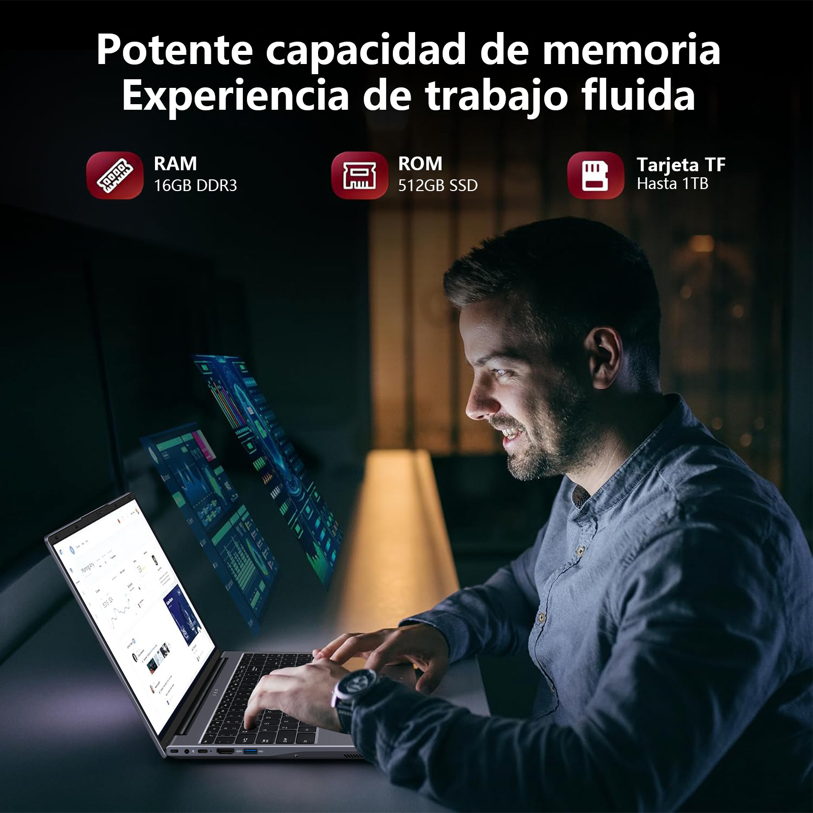 Hombre usando portátil con gráficos de datos. Texto: RAM, ROM, TF. Fondo borroso.