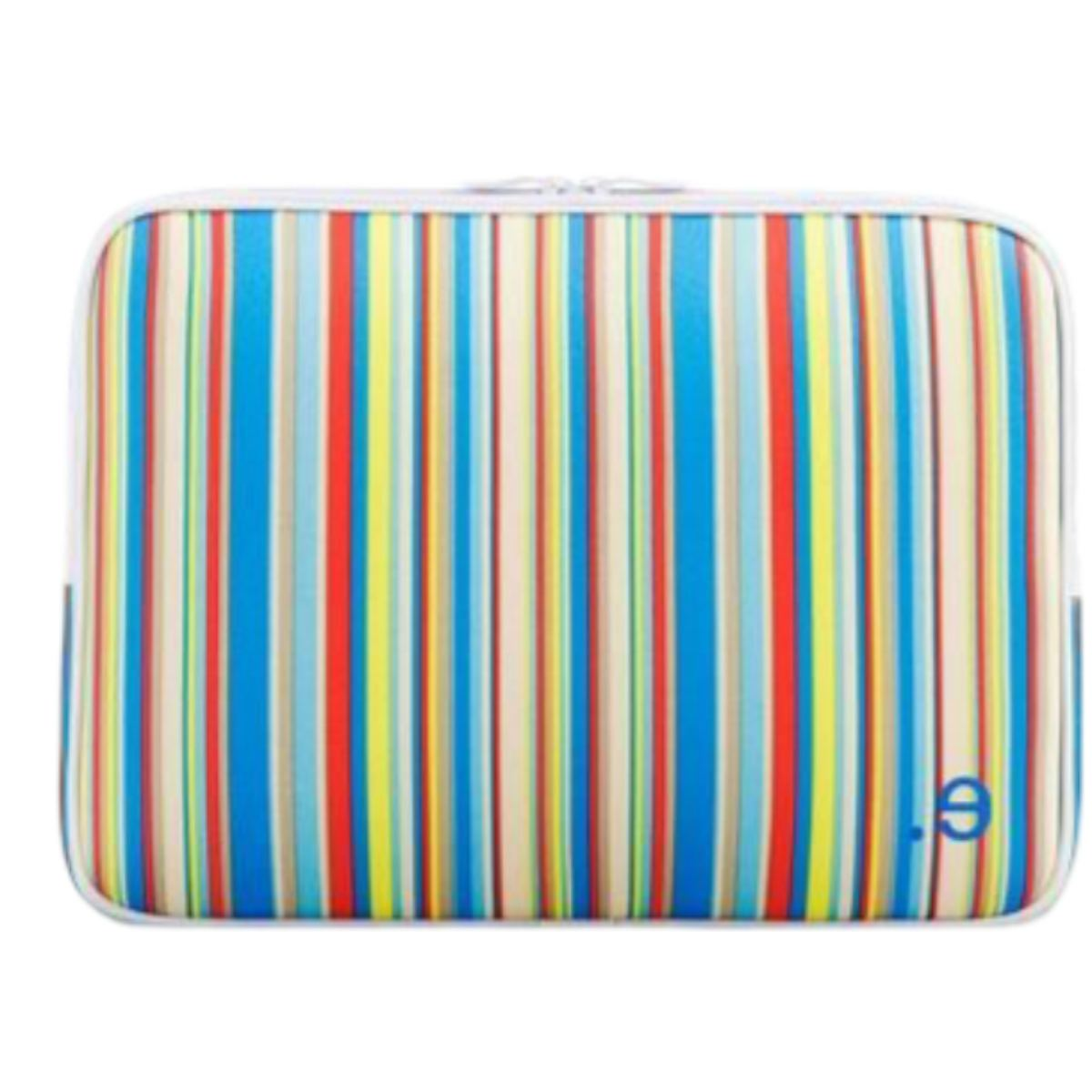 Laptoptasche mit bunten vertikalen Streifen. Die Streifen sind blau, rot, gelb und weiß.