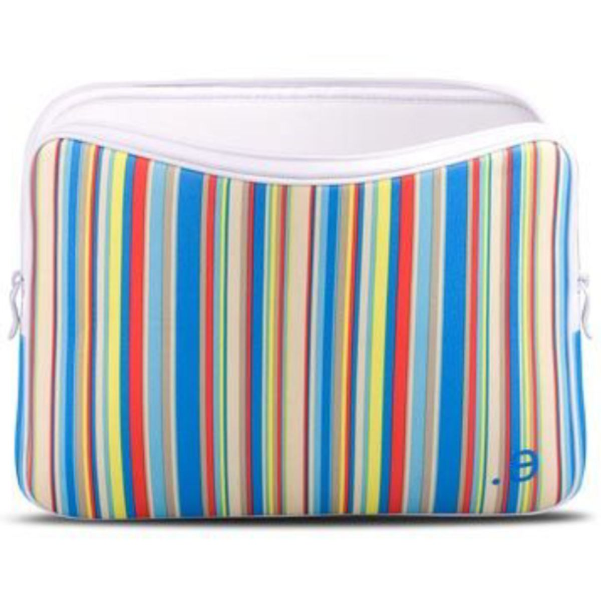 Laptoptasche mit vertikalen Streifen in verschiedenen Farben: Blau, Rot, Gelb und Weiß.