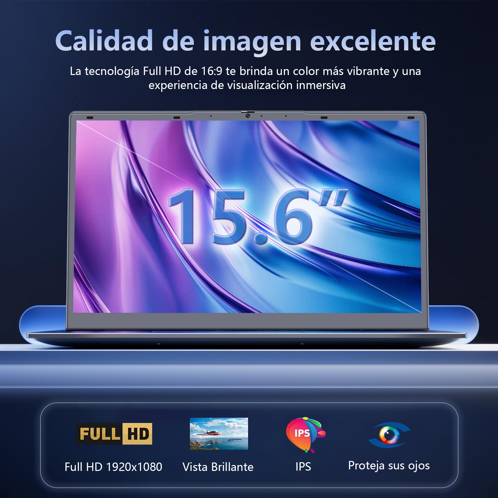 Pantalla de portátil con texto sobre calidad de imagen, con detalles Full HD e IPS. El tamaño es de 15,6 pulgadas.