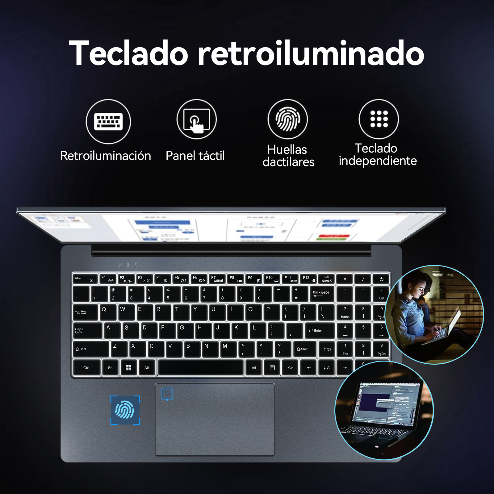 Teclado de portátil con teclas resaltadas. El texto dice 'Teclado retroiluminado' y muestra iconos de huella dactilar y táctil.