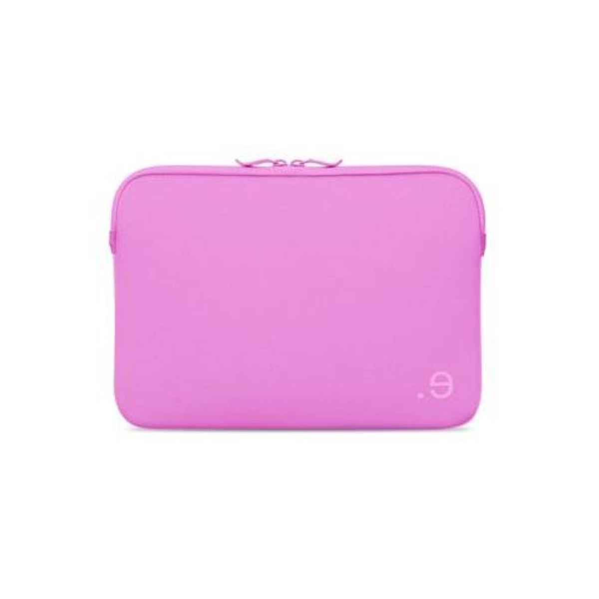 Eine rosa Laptop-Hülle auf weißem Hintergrund. Sie hat einen Reißverschluss und ein kleines Logo.