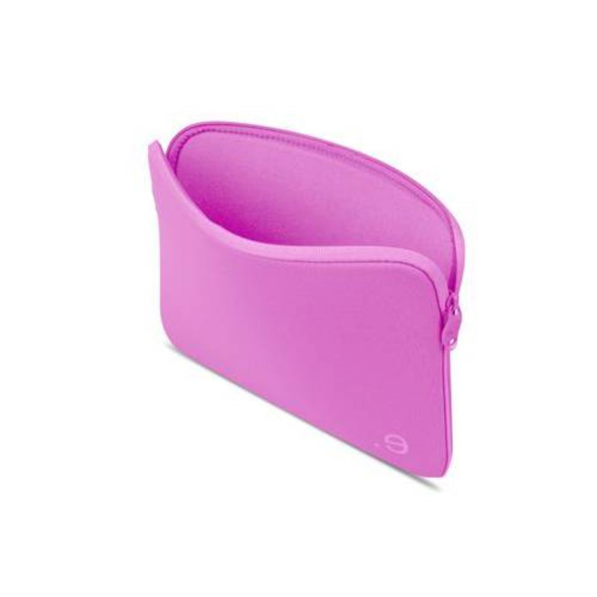 Eine rosa Laptop-Hülle, angewinkelt, um das Innere zu zeigen. Reißverschluss sichtbar, Logo unten.
