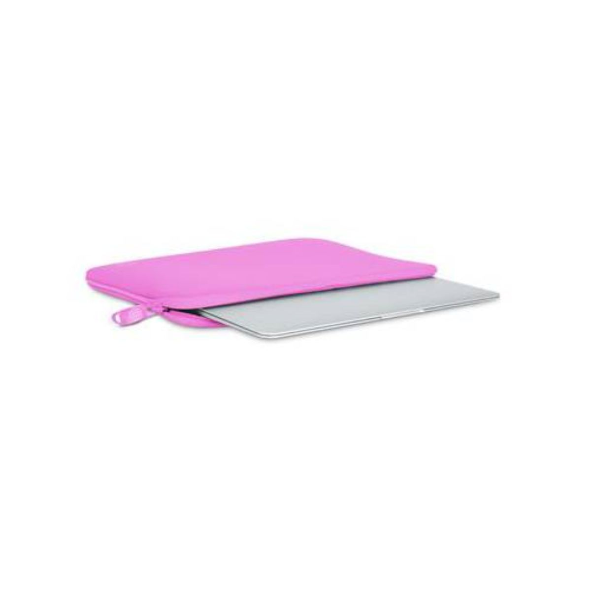 Eine rosa Laptop-Hülle mit einem Laptop darin. Die Hülle ist geschlossen. Weißer Hintergrund.