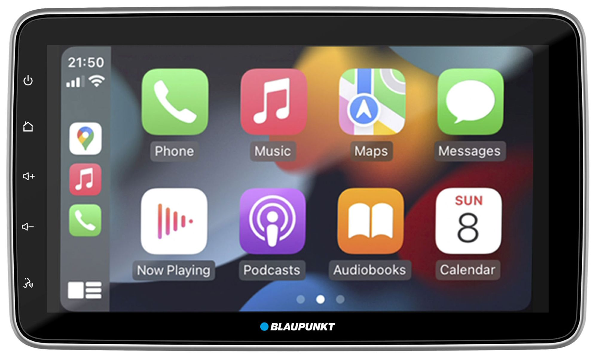 Ein Auto-Dashboard-Bildschirm mit App-Symbolen wie Telefon, Musik, Karten, Nachrichten, Podcasts, Hörbücher, Kalender.