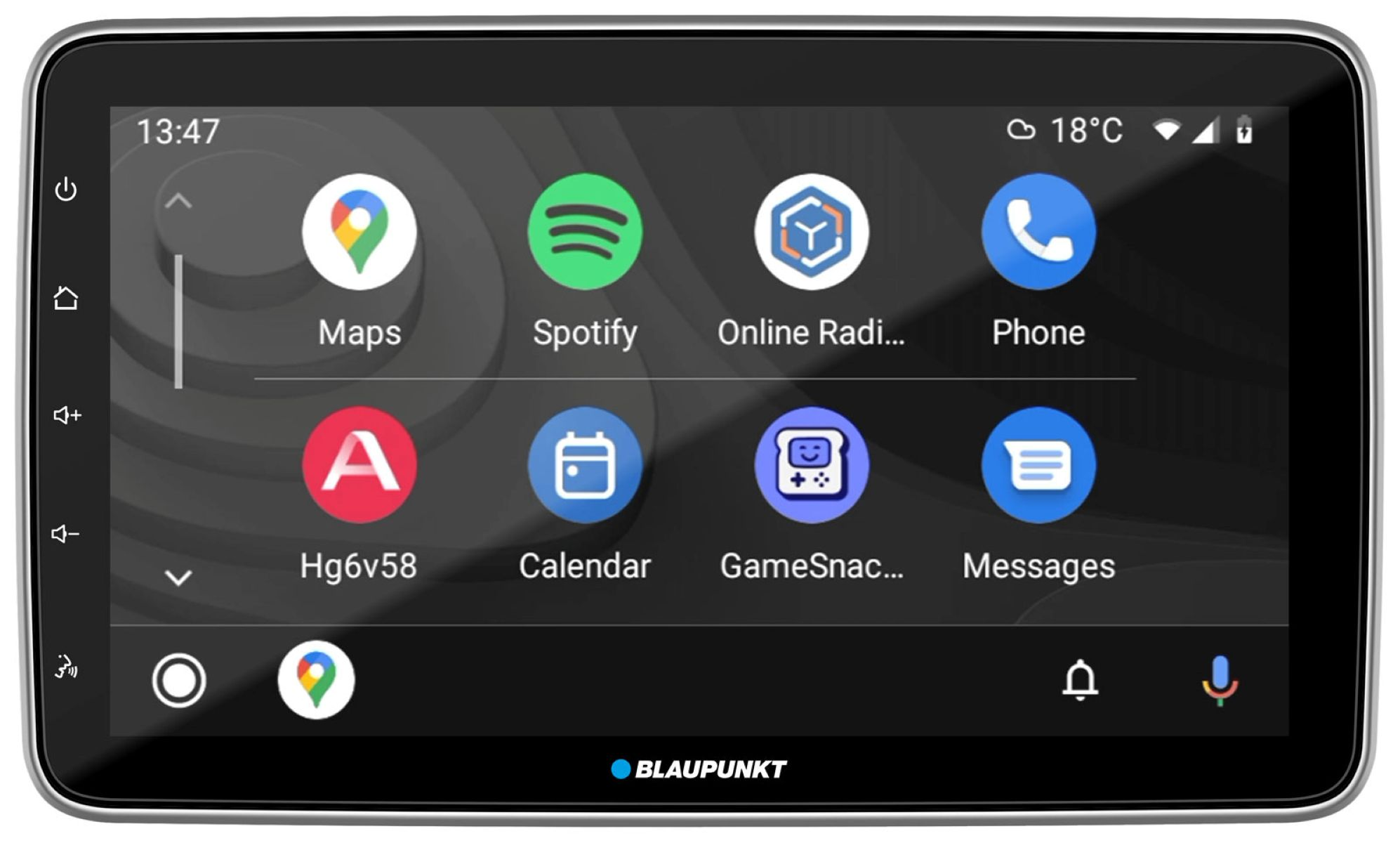 Ein Autoradio-Bildschirm mit App-Symbolen: Navigation, Spotify, Radio, Telefon, Kalender und mehr. Schwarz.
