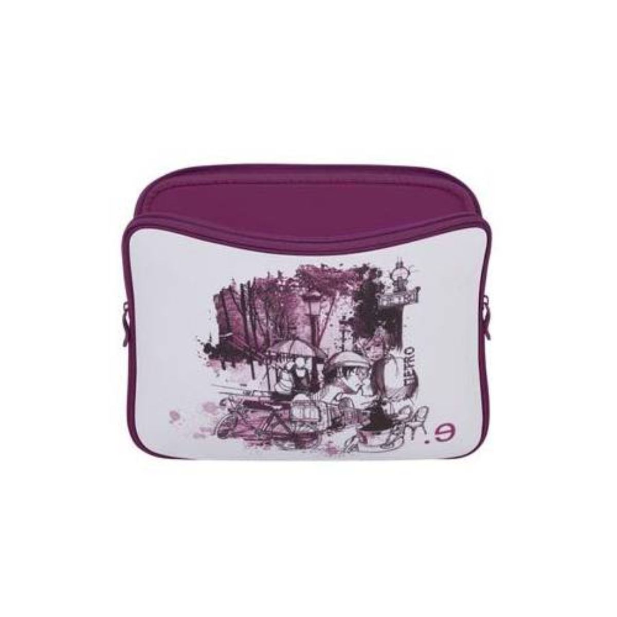 Eine weiße Laptoptasche mit lila Rand und Pariser Design. Der Hintergrund ist weiß.