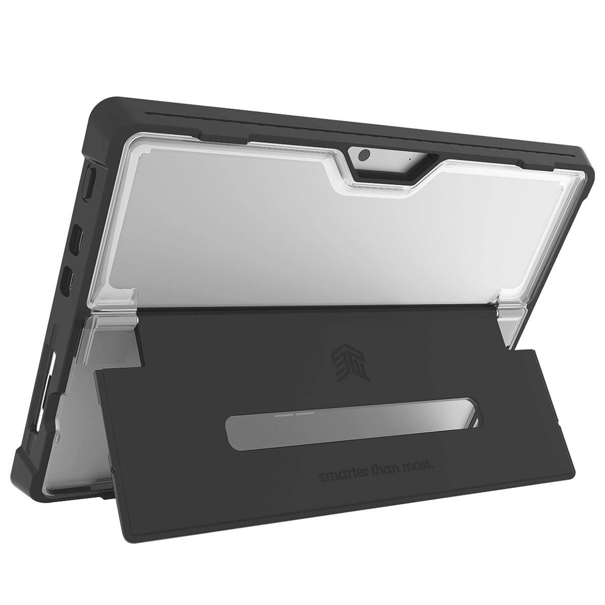 Custodia per tablet nera, aperta, con un tablet all'interno. La custodia è su una superficie bianca.