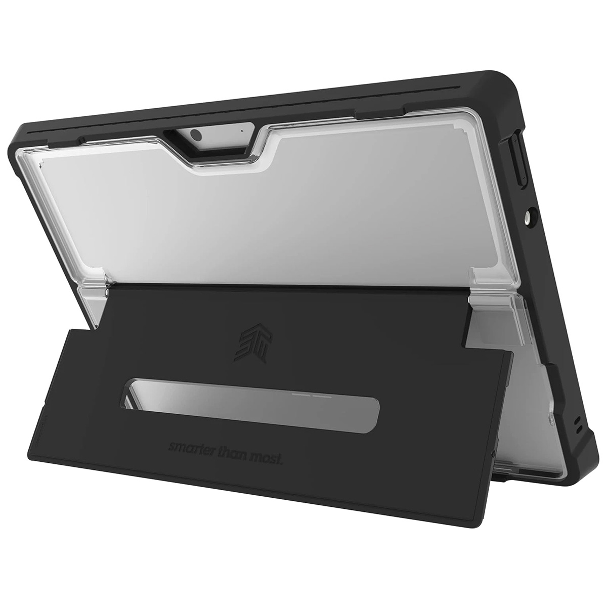 Custodia per tablet nera, aperta, che mostra un tablet. La custodia è nera con una copertura trasparente.