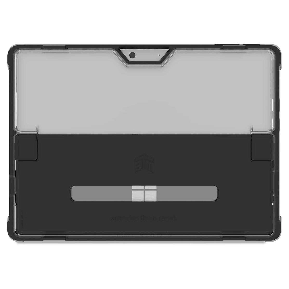 Custodia per tablet nera e trasparente, aperta, che mostra uno spazio a forma di tablet. Sezioni superiore e inferiore.