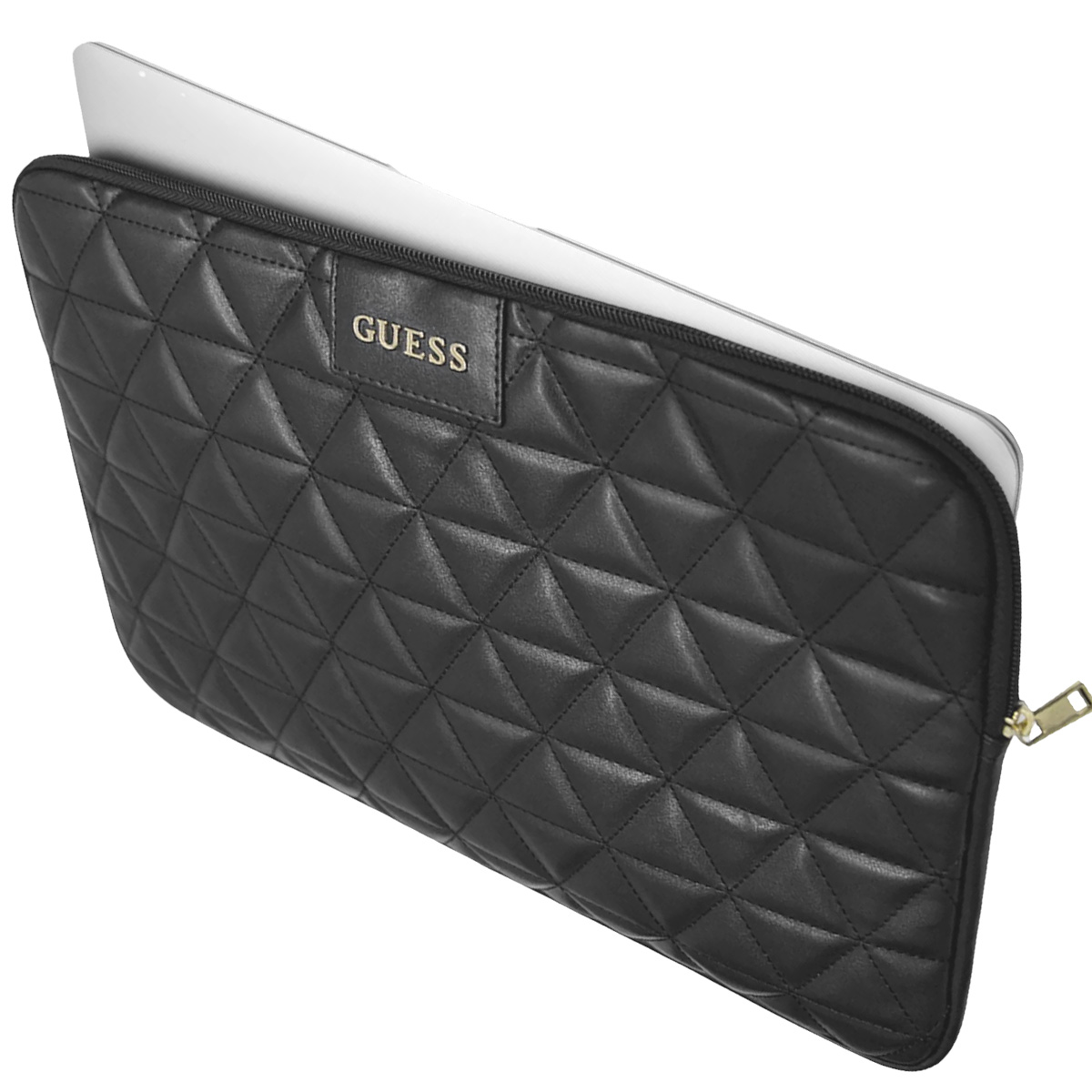 Housse d'ordinateur portable Guess noire avec motif losange, fermeture éclair dorée et logo Guess.