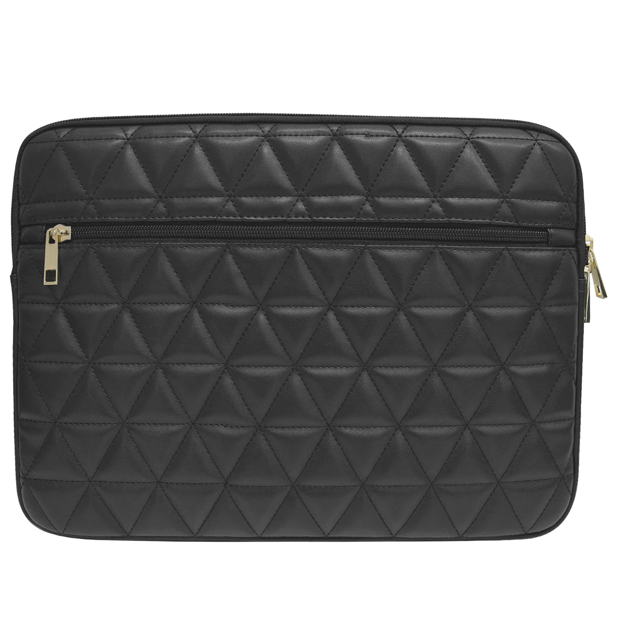 Housse d'ordinateur portable noire avec motif losange et fermetures éclair dorées. Logo Guess.