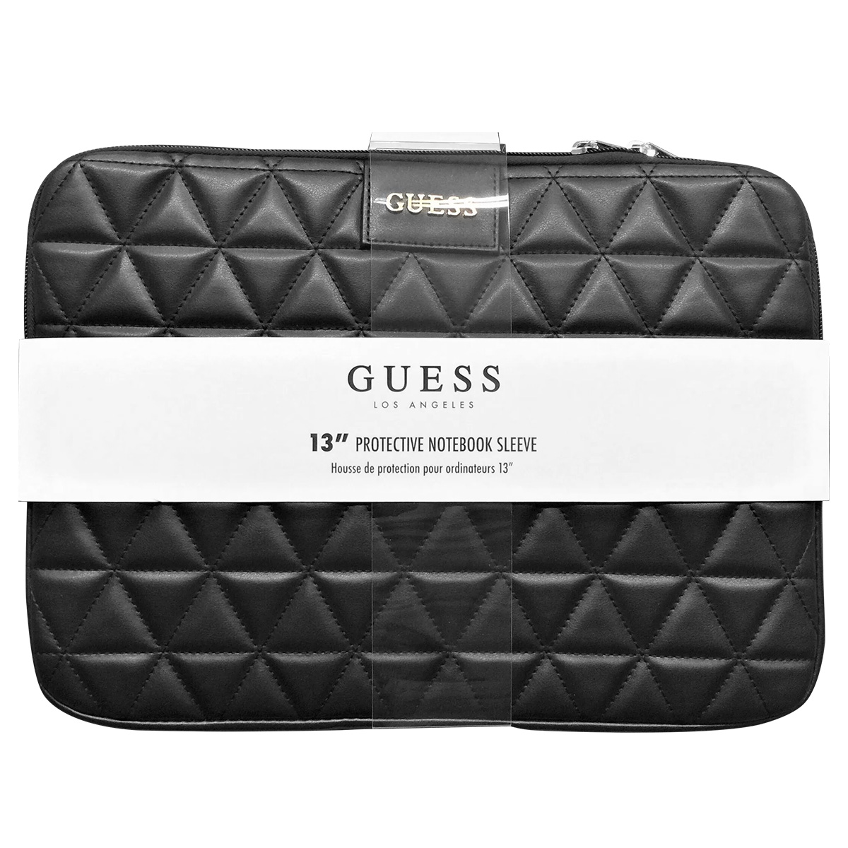 Housse d'ordinateur portable Guess noire avec motif losange et étiquette blanche. Emballage visible.