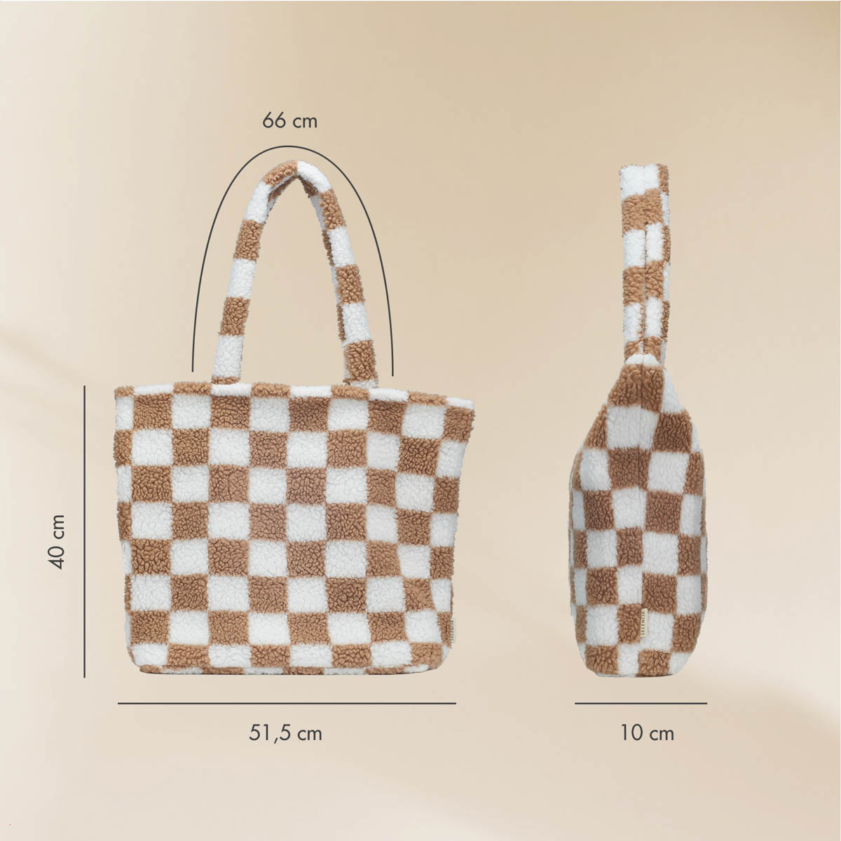 Two plush tote bags with a brown and white checkered pattern. Dimensions are displayed.