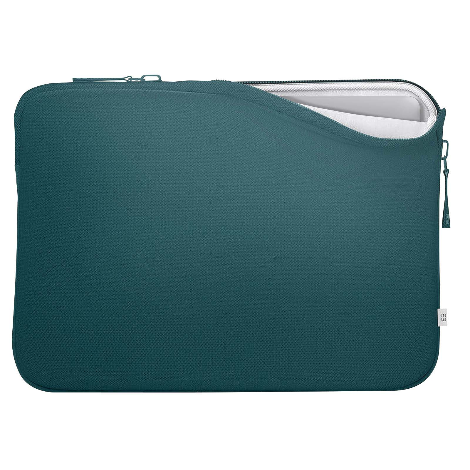 Una custodia per laptop verde acqua, parzialmente aperta, che rivela un laptop bianco.