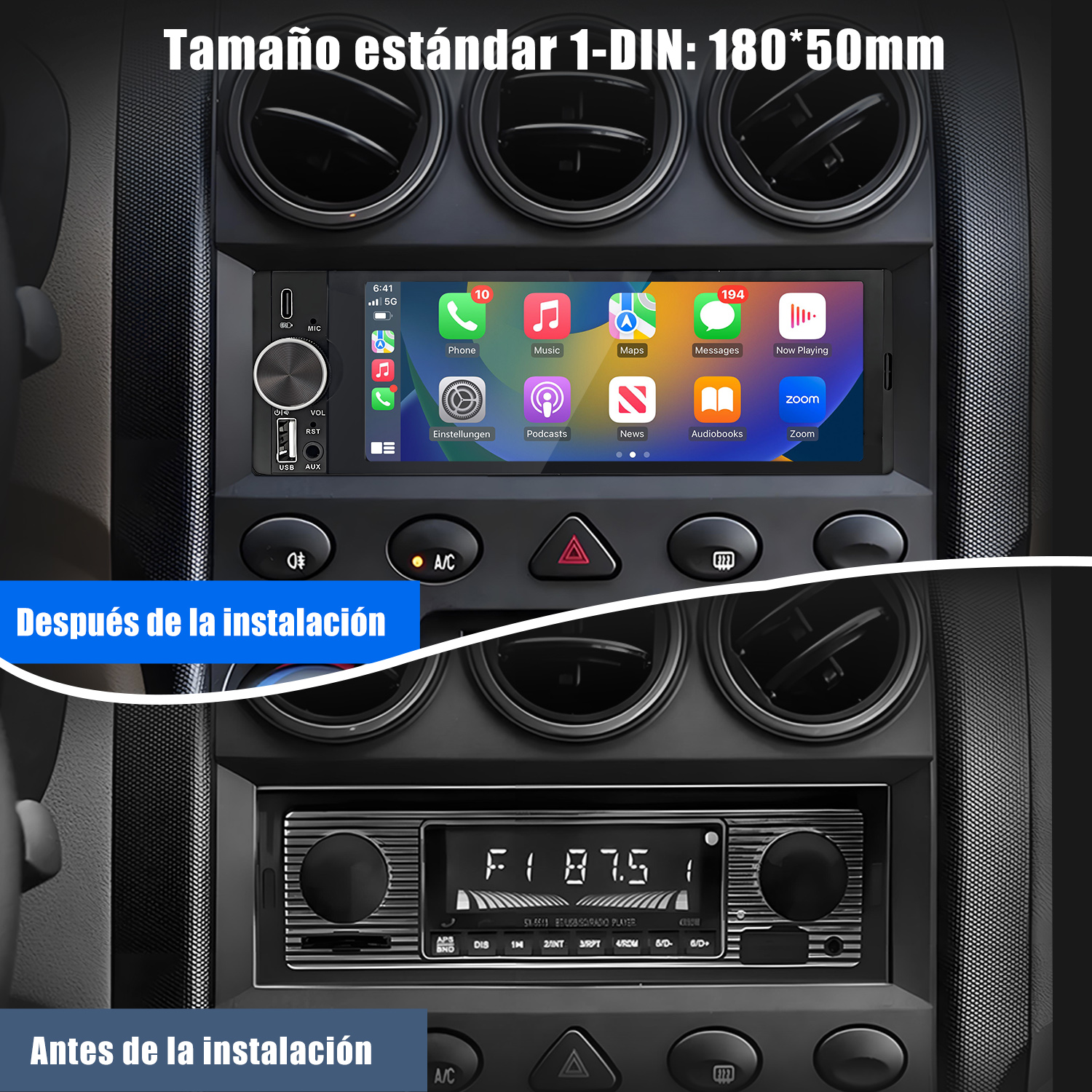 Panel de instrumentos de un coche con radio instalada, mostrando pantalla con iconos de aplicaciones, comparado.