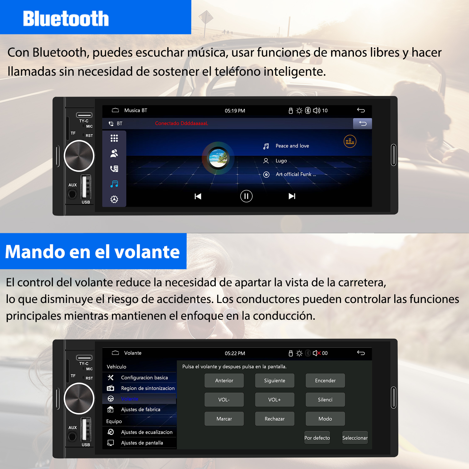 Radio de coche con Bluetooth, mostrando música y llamadas manos libres. Fondo con texto e interior del coche.
