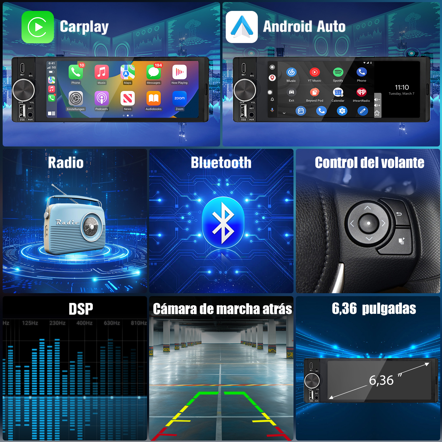 Varias imágenes que muestran las funciones de la radio del coche: CarPlay, Android Auto, radio, Bluetooth, control del volante, etc.