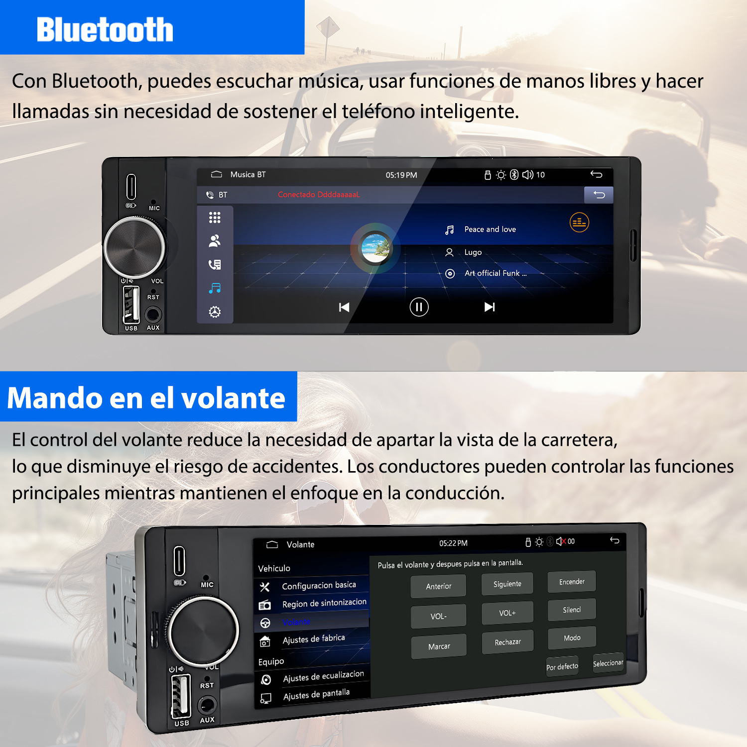 Dos imágenes que muestran las funciones de un equipo de música para coche, incluyendo reproducción de música Bluetooth y controles del volante.