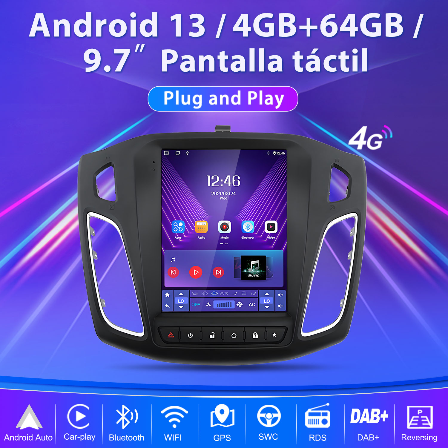 Una pantalla de radio de coche con iconos para varias aplicaciones, incluyendo música y navegación, con una pantalla táctil de 9,7 pulgadas.