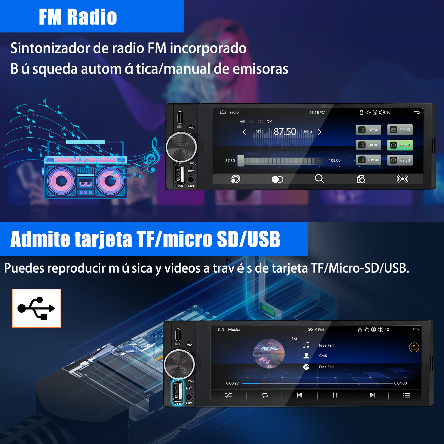 Radio de coche mostrando radio FM y reproducción de música desde USB. Fondo incluye texto e interior.