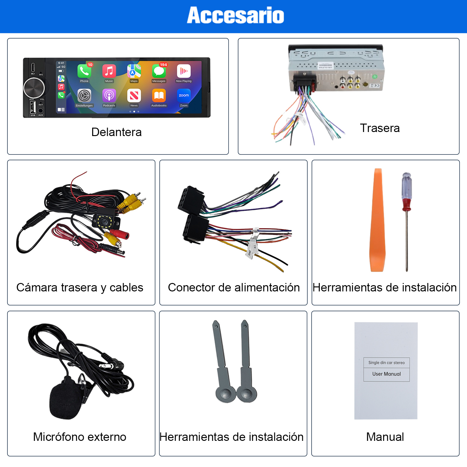 Múltiples accesorios para la instalación de un equipo de música para coche, incluyendo consola delantera, trasera, cables y herramientas.