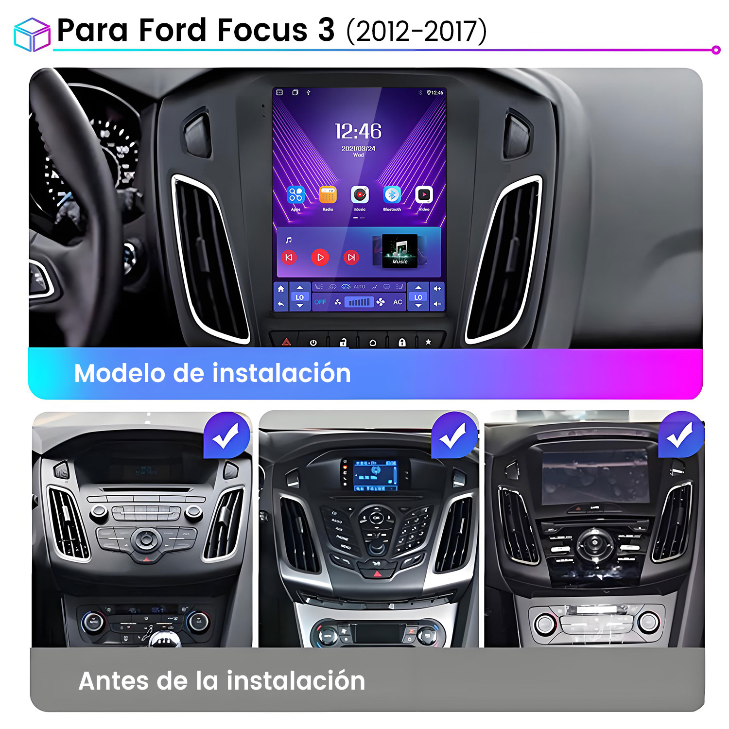 Un salpicadero de coche con pantalla de radio mostrando el modelo de instalación. Tres imágenes muestran el salpicadero antes.