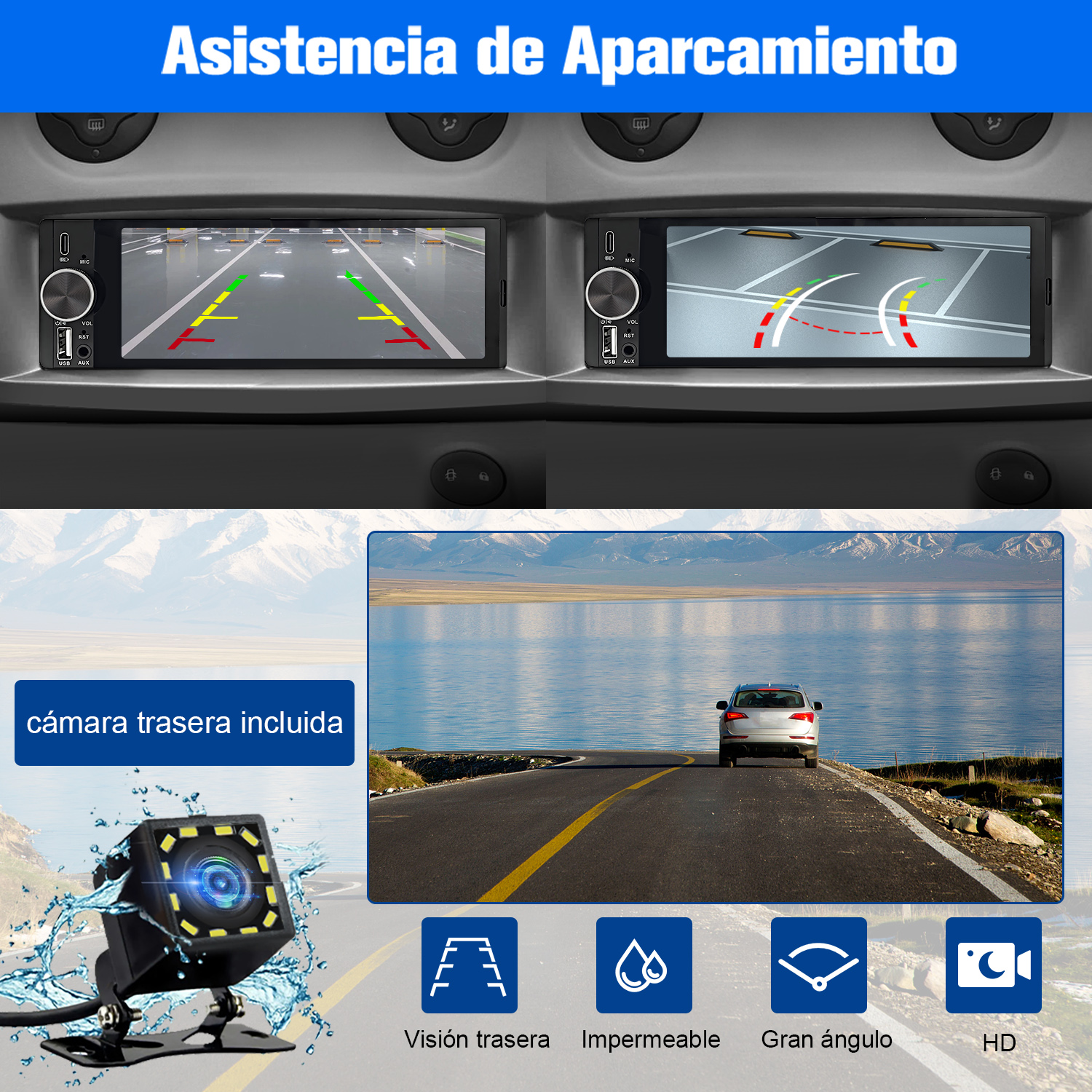 Radio de coche mostrando asistencia de aparcamiento. Incluye cámara trasera, resistencia al agua, gran angular.