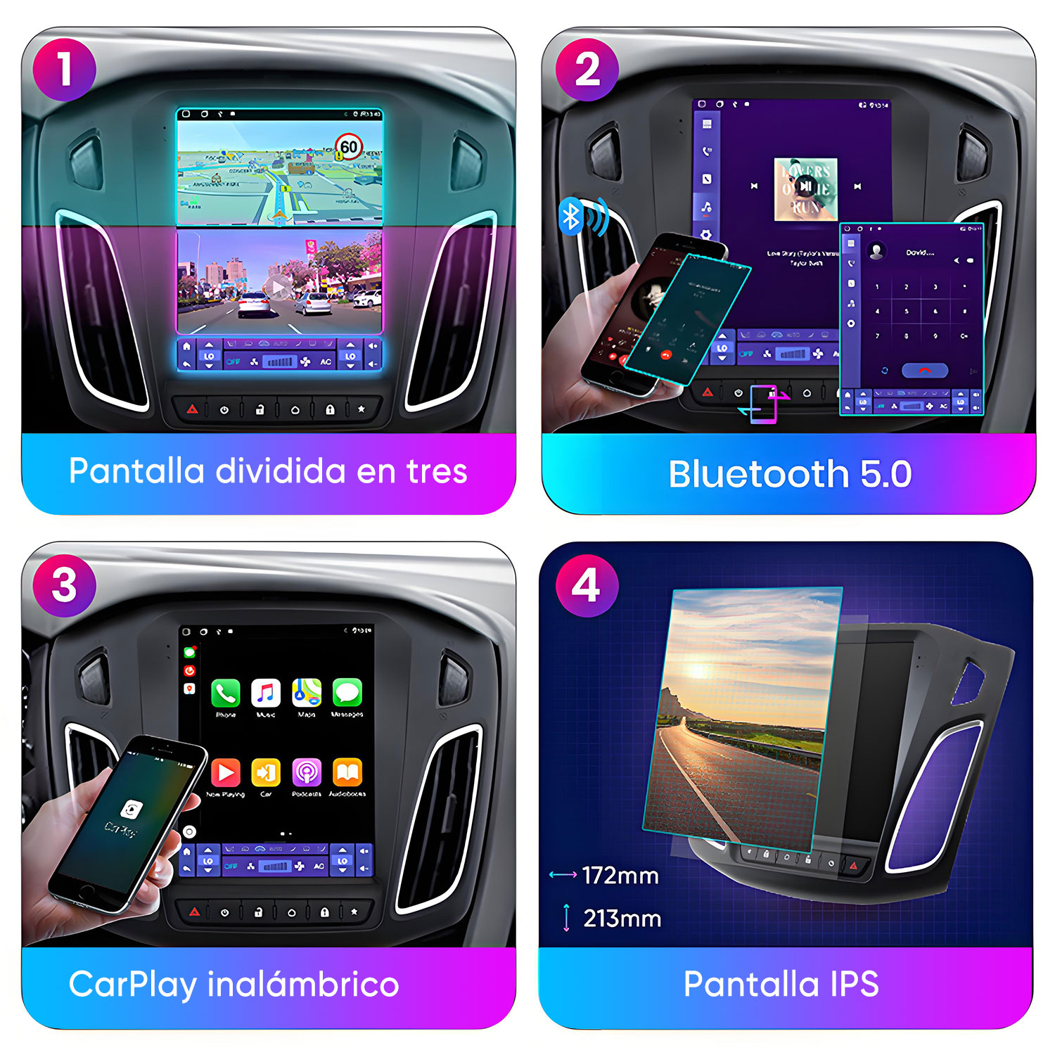Radio de coche mostrando navegación, Bluetooth, CarPlay y funciones de pantalla. Interior del coche.