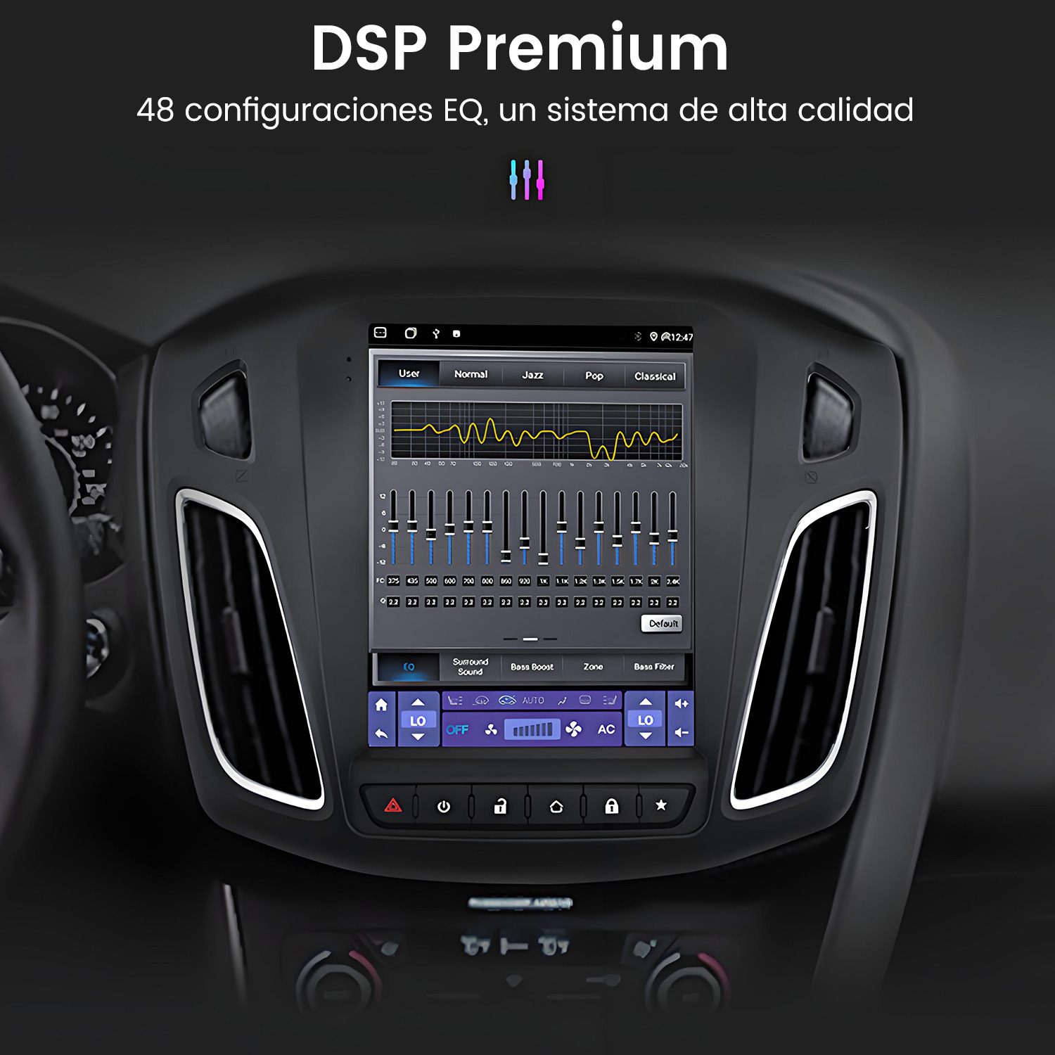 Un salpicadero de coche con una pantalla de radio que muestra un ecualizador con múltiples ajustes, etiquetado como DSP Premium.