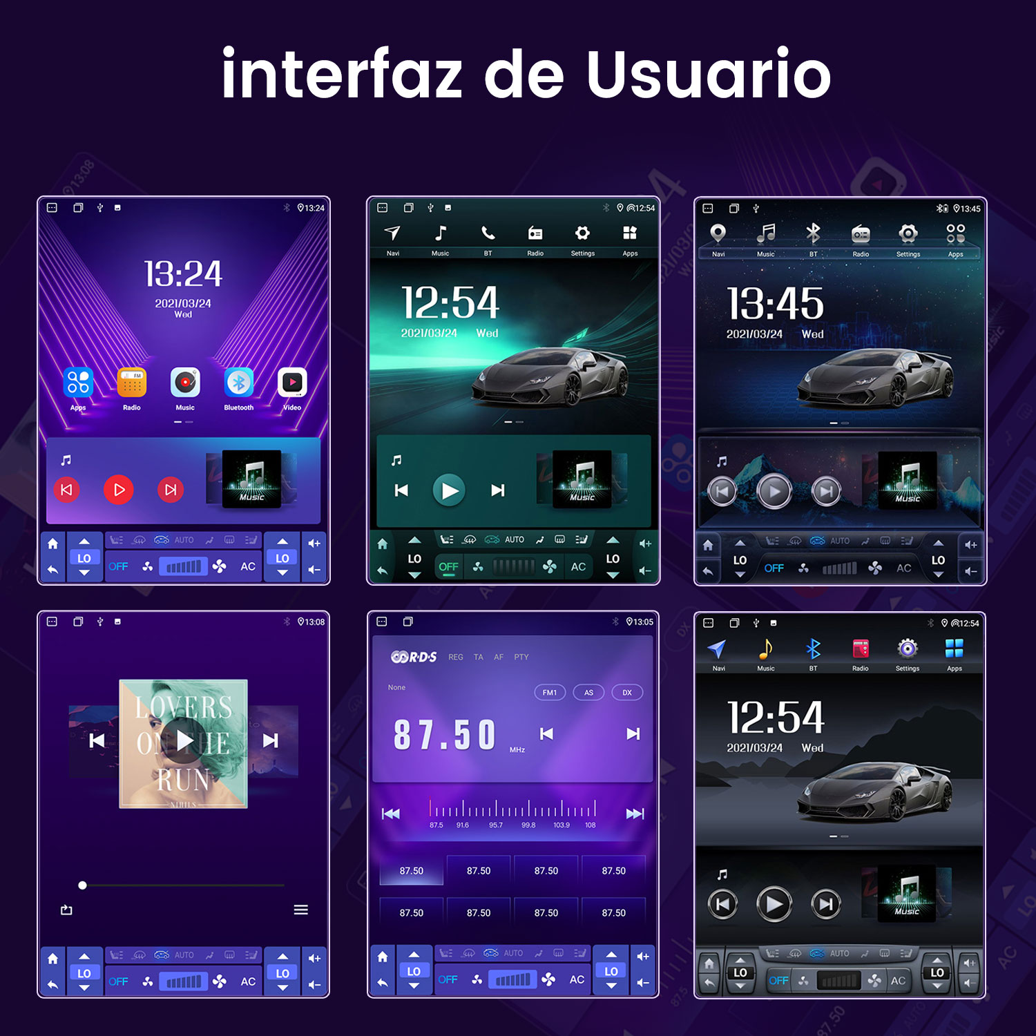 Interfaz de usuario de radio de coche con varios diseños de pantalla. El fondo es un degradado oscuro.