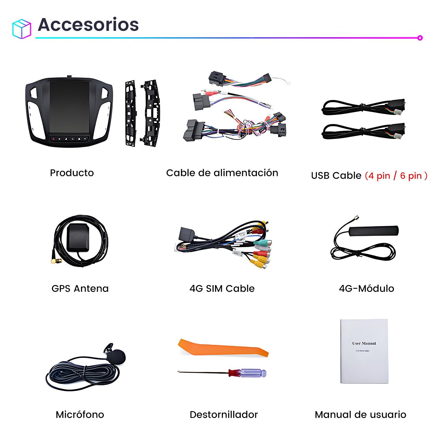 Varios accesorios para una radio de coche, incluyendo antena GPS, cable de alimentación, cable USB, micrófono y manual de usuario.