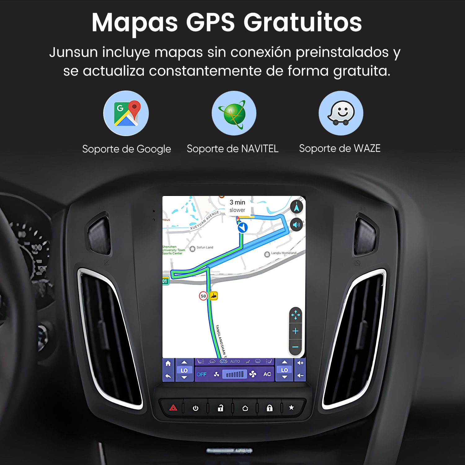 Radio de coche mostrando mapas GPS y soporte para Google, NAVITEL y Waze. Detalles del interior.